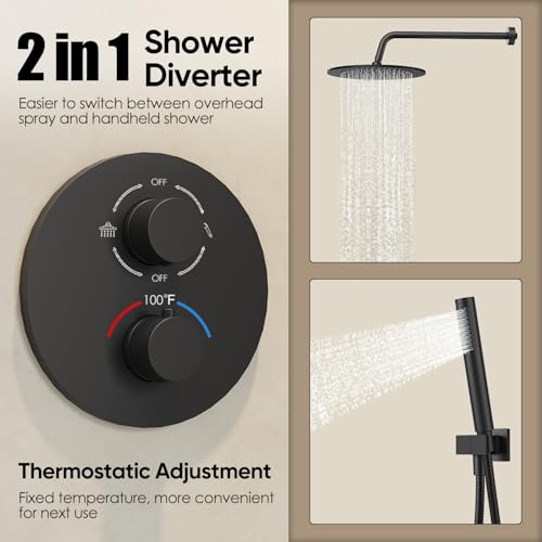 Image of Gabrylly Thermostatic Shower Faucet Set, All Metal Shower System with Anti Scald Shower Valve, High Pressure 10 inch Rain Shower head with Handheld Spray Combo, Matte Black