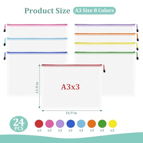 Image of Mesh 24pcs Zipper Pouch Bags - A3 Size, 8 Color Mesh Zipper Pouches for Organizing, Board Game, Travel, School & Office