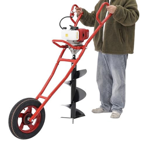 Tenddya Tarière à essence à 2 temps avec chariot manuel, brouette 52 cc, tarière de tarière, tarière pour pieu 1 l, réservoir de carburant, tarière pour utilisation agricole