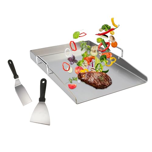 Plancha para barbacoa – 40 x 30 cm, acero inoxidable, con espátula y asa, accesorio para barbacoa, plancha universal para barbacoa de gas y barbacoa de carbón vegetal