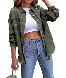 XinCDD Chaqueta Vaquera para Mujer Mangas Largas y Agujeros Rotos Chaqueta Vaquera ligera de Primavera Y Otoño (S, Verde militar)