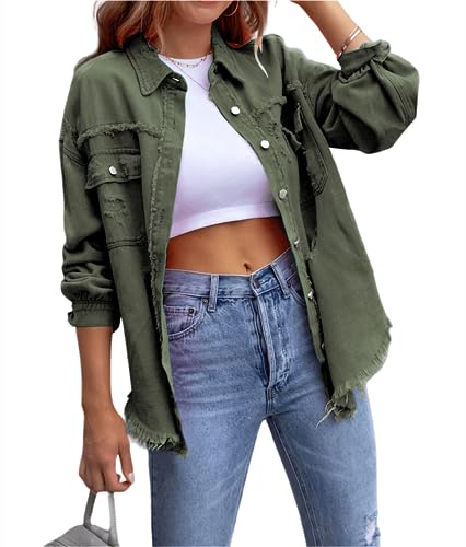 XinCDD Chaqueta Vaquera para Mujer Mangas Largas y Agujeros Rotos Chaqueta Vaquera ligera de Primavera Y Otoño (S, Verde militar)