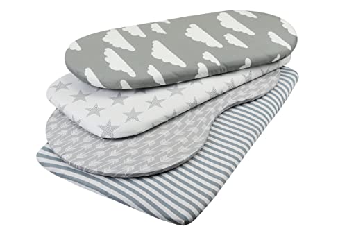 Image of Onacosht Bassinet Sheets for Baby Boy and Girl, Stretchy Breathable Fitted Sheet Universal for Bassinet Cradle Hourglass Oval Rectangle Pad /Mattress, 4 Pack Stripe Star Cloud and Arrow Printing