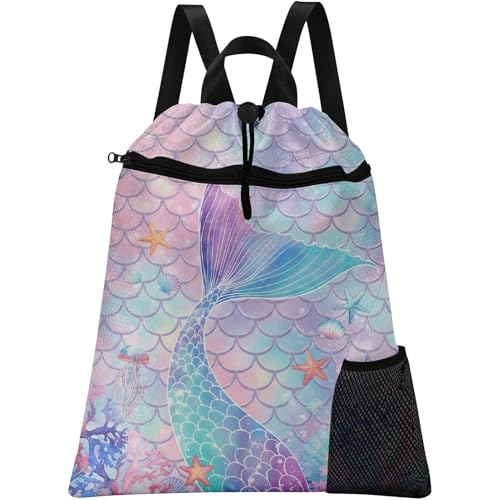 Britown Mochila com cordão cauda de sereia, 38 cm x 43 cm, impermeável, para praia, piscina, bolsa de ginástica leve e dobrável com suporte para garrafa de água para esportes e viagens