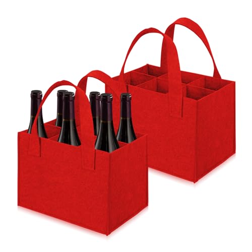 Hiuyavy Felt Wine Bottle Carrier Bags 2PCS Wine Bottle Bag Portable Wine Bottle Bag for 6 Bottle Wine Carrier Bags with Handle for Storing Carrying Wine Beer Champagne Drinks Carrier (Red)