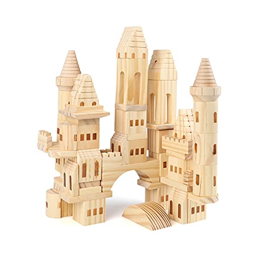 Garlictoys 75 Piece Set Wooden Castle Retro Building Blocks Set Toy Solid Pine Wood Block Playset Kit for Kids, Toddlers, Boys, and Girls, Fantasy Medieval and Princesses with Bridges and Arches.
