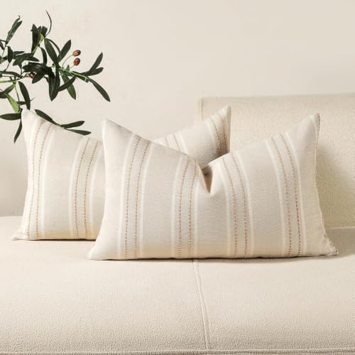Image of Hckot Stripe Throw Pillow Covers 12x24 Lumbar Khaki Farmhouse Pillow Covers | Modern Decorative Pillows Textured Linen Cushion Covers for Sofa Couch Bed Living Room Decor