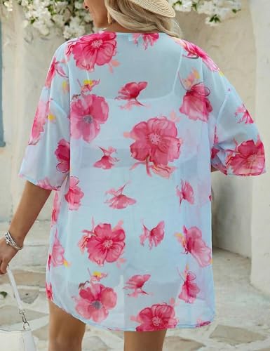Image of Chunoy Women Floral Beach Wear Cover Up Chiffon Kimono Cardigan Open Front Blouse Top