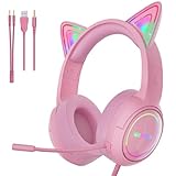 WIRWTRU S25 Pink Gaming Headset with Cat Ears, Wired Gaming Headphones with Noise Cancelling Microphone, Compatible with PS5, PS4, Xbox, Xbox Series S/X, PC, 50mm Drivers, Stereo Sound