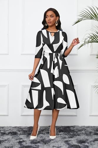 Image of CLOCOR Midi Dresses for Women Casual A-Line Fit and Flare Dress Crewneck 3 /4 Sleeve Keyhole Cocktail Party Church Dress