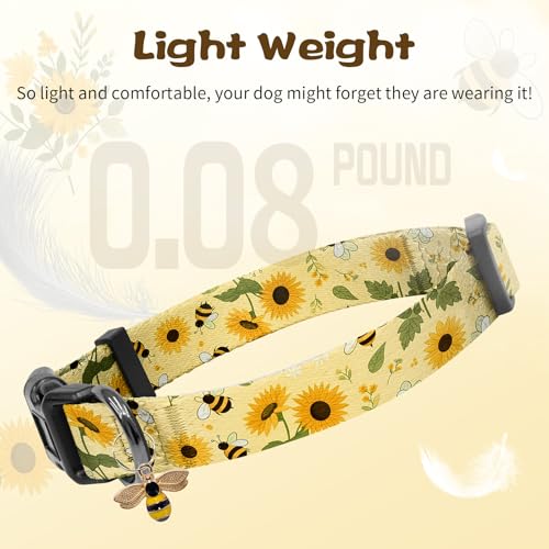 Image of Kazazoo Dog Collar Cute and Soft Nylon Puppy Collar for Boy and Girl Dogs, Adjustable Dog Collars for Extra Small Dogs, Bees and Sunflowers-XS
