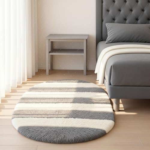 Image of Fluffy Silky Micro Fiber Polyster Carpet /Runner for Bedroom, Study Room, Playing Room, Guest Room ETC. 3x5 feet Feet, (Grey and Ivory new line)