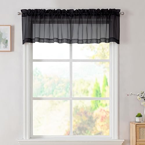 Image of Simplebrand Black Valances 14 Inches Long for Living Room Pocket 2 Panel Light Filtering Sheer Translucent Valence Toppers for Window Kitchen Bathroom Bedroom 42x14 Inch Length