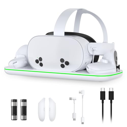 Charging Station for Meta Quest 3 and Oculus Quest 3S, VR Accessories Charging Station with LED Light for Oculus Quest 3/ 3S, Charger Stand with 2 Rechargeable Batteries, Magnetic Charging Design