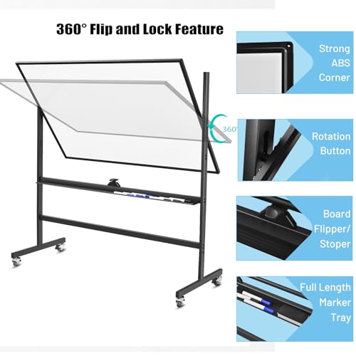 LIFEZEAL Pizarra magnética con soporte, 120 x 90 cm, pizarra blanca móvil con doble cara, pizarra giratoria de altura ajustable para oficina, escuela y hogar - imagen 3