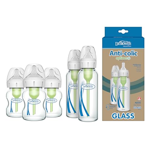 Image of Dr. Brown's Natural Flow Options+ Narrow Glass Baby Bottles, 8oz & Dr. Brown’s Natural Flow® Anti-Colic Options+™ Wide-Neck Glass Baby Bottles 5 oz/150 mL, with Level 1 Slow Flow Nipple, 3 Pack, 0m+