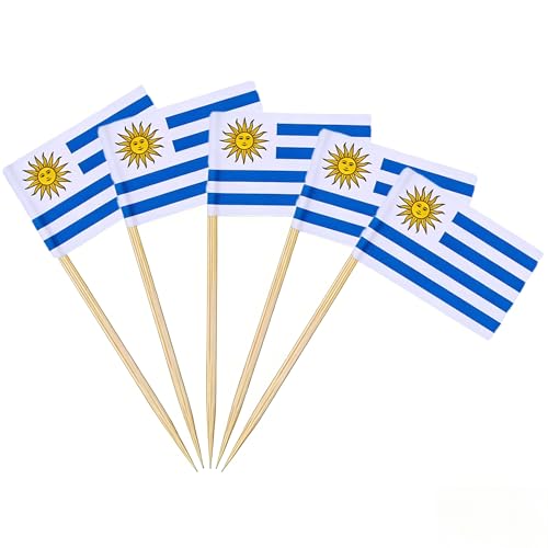 AhfuLife 100PCS Drapeau Cure-dent Uruguay – Mini Drapeau Uruguayen pour Topper de Gâteau, Cure-dent Drapeau Uruguay pour Jardin, Bar, Sol de Mayo, Coupe du Monde, Copa América