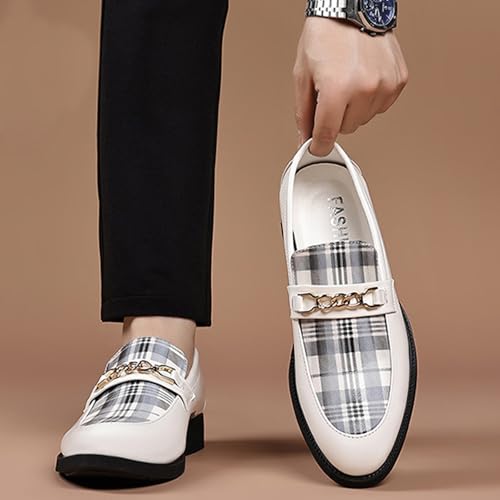 Men's Plaid Patent Leather Classic Gold Buckle Penny Loafers Fashion Comfortable Breathe Pointed Toe Slip On Formal Shoes for Casual Business Walking Dress Shoes 7