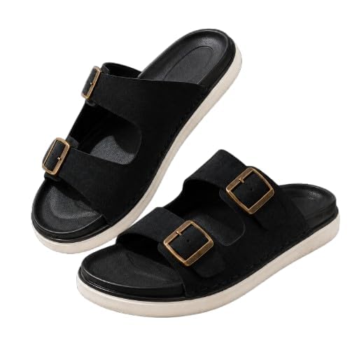 Men's Double Buckle Comfort Slides | Premium Synthetic Leather Slip-On Sandals | Lightweight Cushioned Footbed | Casual Everyday Wear-picture-31