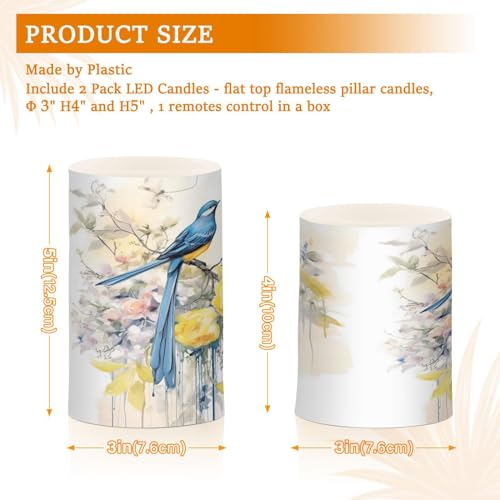 Image of Spring Blue Bird with Yellow Flowers Butterflies Flickering Flameless Candles Battery Operated with Remote Timer,Tea Light Candles LED Pillar Votive Candles set of 2 for Outdoor Indoor Decorations