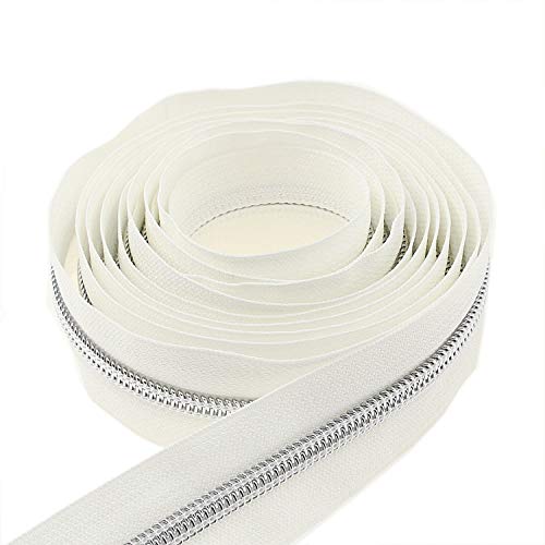 Image of #5 Antique Silver Metallic Nylon Coil Zippers by The Yard Bulk 10 Yards White Tape with 25pcs Silver Sliders for DIY Sewing Tailor Craft Bag Leekayer(White)