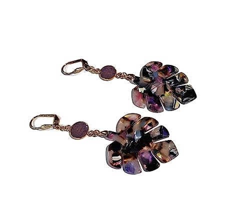 Boucles d'oreilles monstera en or 24 carats et résine violette éclatante pour femme chic