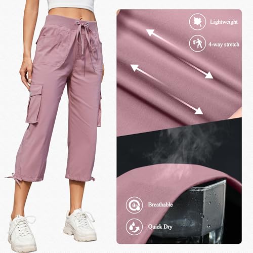 Hormtaer Women Cropped Trousers Cargo Summer Capri Joggers Ladies Pants 3/4 Length Sweatpants Outdoor Casual Hiking Trousers with 6 Pockets (Dark Pink, L) - Image 4