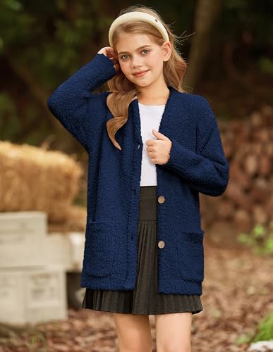 GRACE KARIN Girls Open Front Cardigan Long Sleeve Popcorn Knit Sweaters Outwear Coat with Pockets2