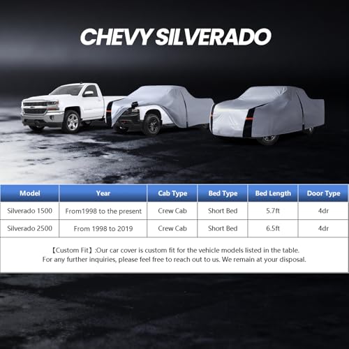 Image of Multi-Layer Chevy Silverado 1500 Truck Cover, Custom fit Silverado 1500 1998-2026 Crew Cab SB(5.7'-5.8')Car Cover Waterproof All Weather, Full Exterior Cover Rain Wind and UV Protect With Door Zipper