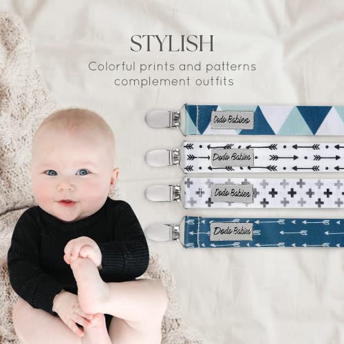 Image of Dodo Babies Pacifier Clip Set - Universal Holder & Pacifier Holder - Detachable Binky Case & Binky Clip - Durable Polyester Straps - 5-Piece Set, Blue /White /Grey Geo Prints