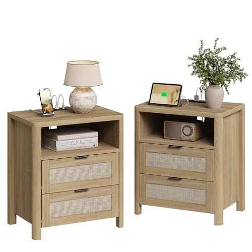 Image of Boho Nightstand Set of 2 with Charging Station, Bedside Table with Drawer & Open Storage Shelf, Mid-Century Modern End Table Rattan, Accent Side Table with Rounded Corners for Bedroom Living Room