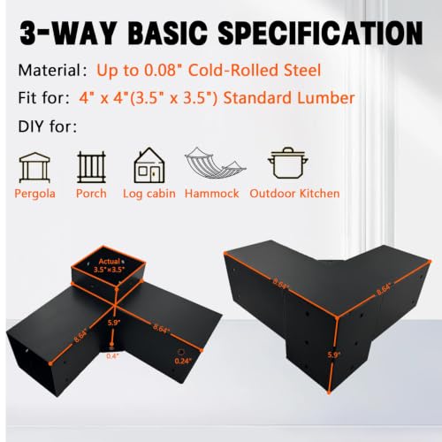 Kit de soportes para pérgola DIY 4x4, soportes de esquina de ángulo recto de 3 vías para postes de madera de 8"x8" (real: 7,5"x7,5"), soportes metálicos resistentes para pabellón al aire libre, cabaña de troncos miniatura 2