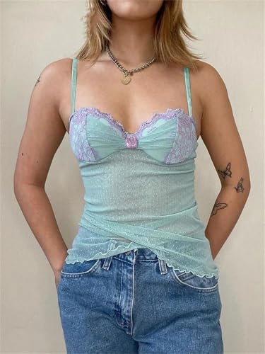 Women Dot Print Lace Corset Flower Appliques Sexy See Through Crop Top Y2K Camis Transparent Tanks2
