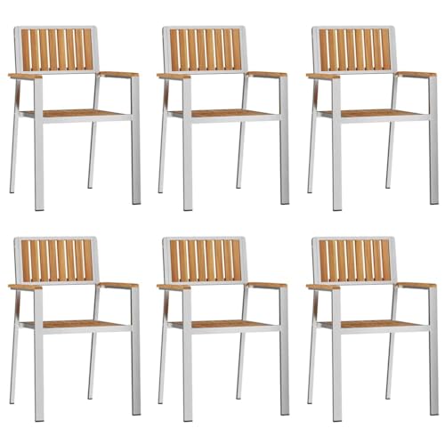 Image of KNERPWD Modern Garden Chair 6 Pcs Brown 56 x 54.5 x 87 cm Solid Teak Wood with Stainless Steel Frame for Patio Terrace Outdoor Use