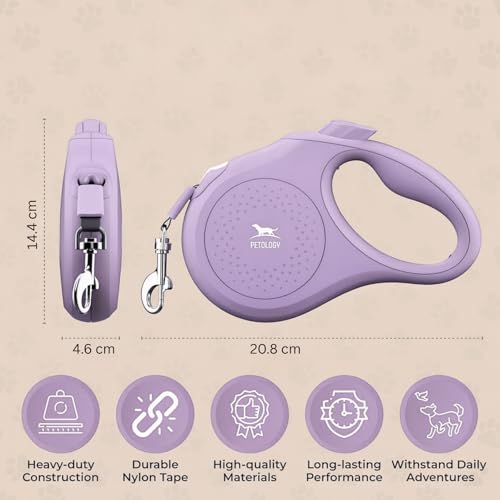 Image of Petology Retractable Dog Leash | 5 Meter (16ft) Nylon Tape | for Dogs Upto 50kgs | Heavy Duty Rope, 360 Tangle-Free, One-Hand Brake & Lock System, Anti-Slip Comfortable Grip