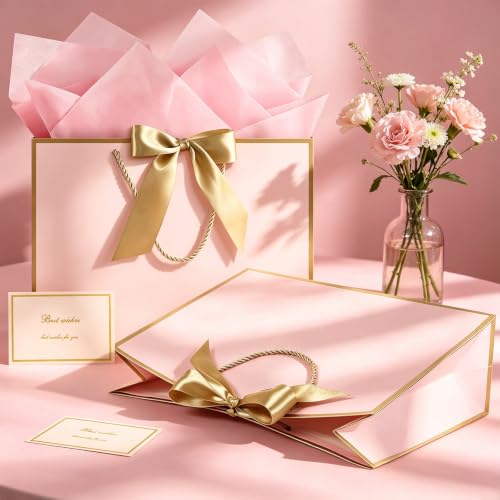 Image of JMANNI Gift Bags with Handles, 13 inch Medium Gift Bag for Presents, 4 Pcs Bags with 8 Tissue Paper and 4 Cards for Graduation Baby Shower Wedding Fathers Day Mother's Day Birthday Party(pink-gold)
