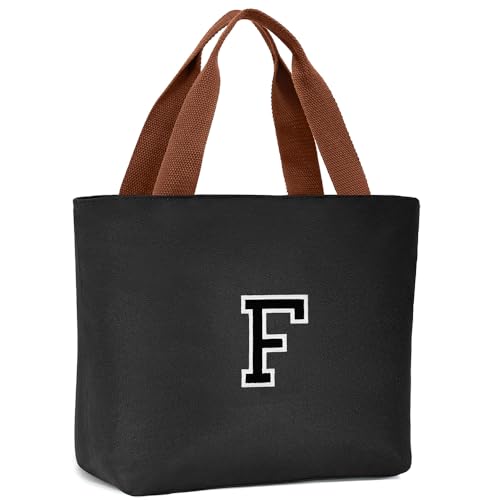 Lunch Bag Women, Insulated Lunch Bag for Men, Monogrammed Small Lunch Box for Adult, Portable Reusable Lunch Cooler Bags, Personalized Embroidered Initial Letter Lunch tote（Black,F)