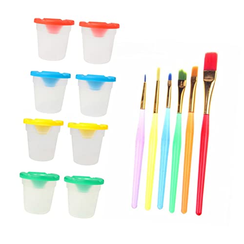 BESTonZON Non-Spill Paint Cups with Lids 8 Pieces Set for Boys and Girls 6 Assorted Drawing Tools Easy to Clean