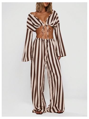 MakeMeChic Women's Linen Striped Pants Wide Leg Tie Front Elastic Waist Trousers4