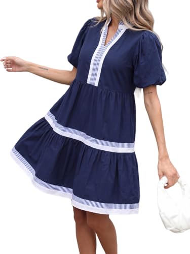 Image of LifeShe Womens Puff Sleeve Babydoll Dress V Neck Navy Blue Striped Color Block Tiered Mini Dresses