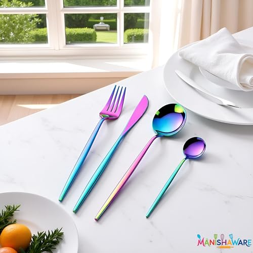 Image of Slim Handle Rainbow 12 Pcs Stainless Steel Cutlery Set for Dining Table, Dishwasher Safe Glossy Flatware (3 Spoon Set + 3 Forks Set + 3 Butter Knife + 3 Dessert Spoon)