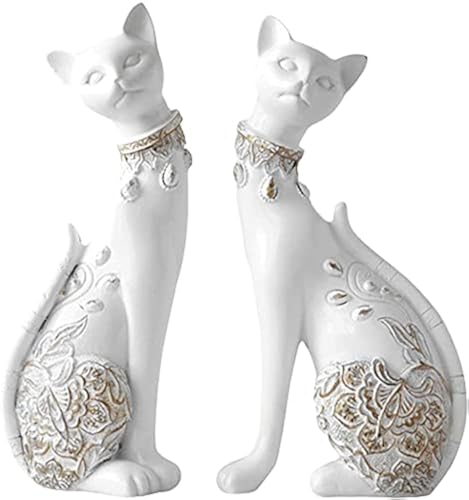 Joylern 2 estatuas de resina de gato sentado, pareja sentada, adorno de animales, esculturas de gato, adornos para el hogar, dormitorio, sala de estar, jardín, oficina, color blanco