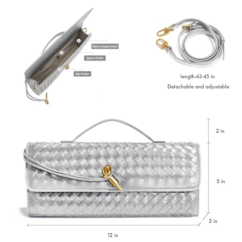 Image of Woven Clutch Purses for Women, PU Leather Shoulder Crossbody Evening Bag Satchel Handbag for Formal, Wedding, Party (Silver)