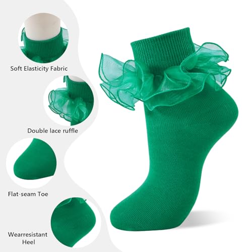 Image of Women Big Ruffle Ankle Socks Adult Double Lace Frilly Turn Cuff Dress Socks Cotton Cute Fancy Bobby Crew Socks