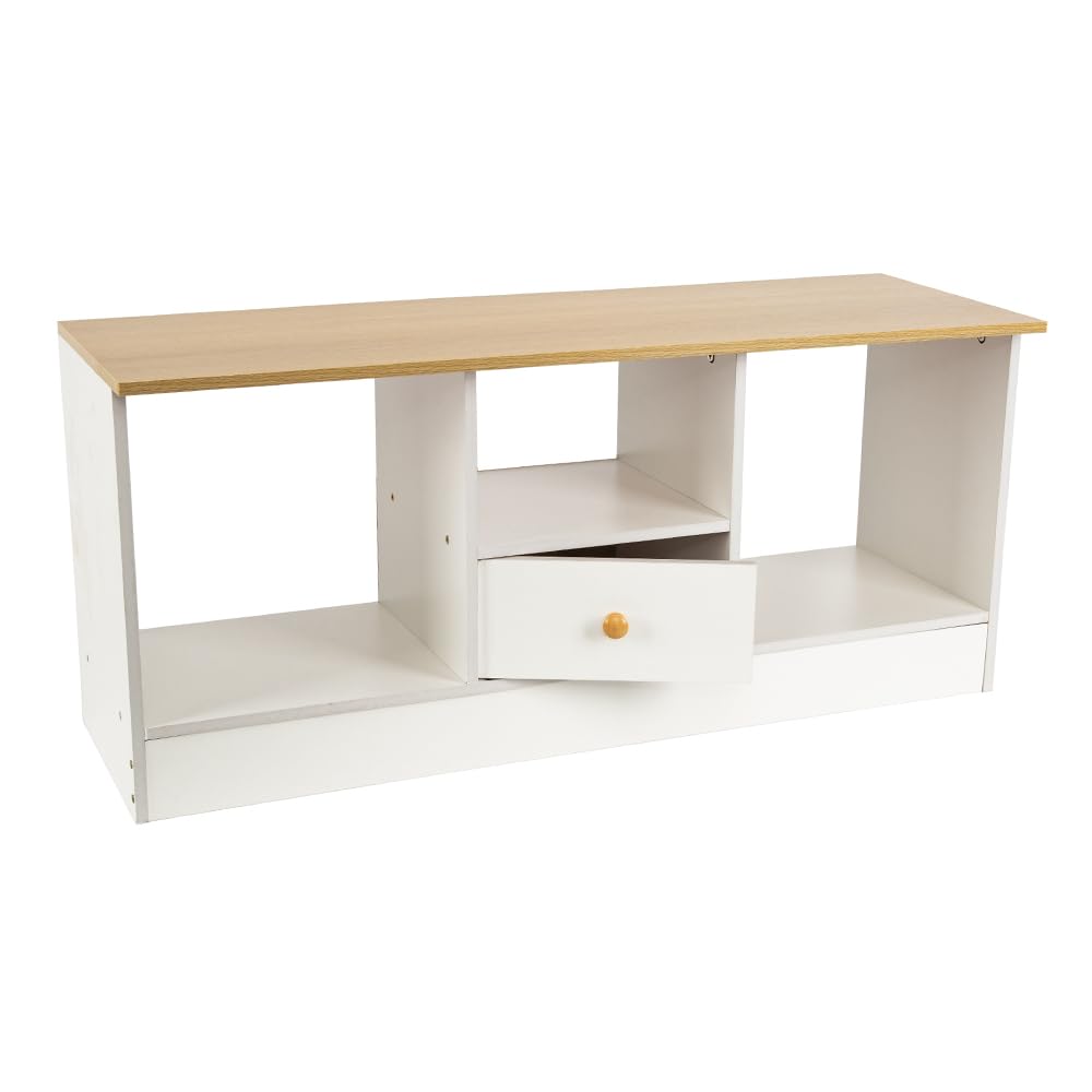 TV-Schrank 90cm, Moderner Fernsehschrank mit Schublade & 3 Fächern, Weiß-Holzoptik, Stabil & Platzsparend, für Wohnzimmer, Schlafzimmer