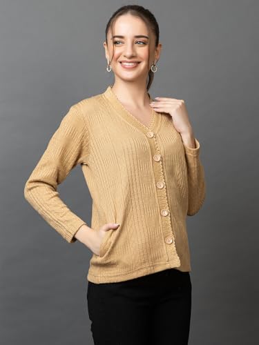 Image of Wear lusso Women's Woolen V-Neck Buttoned Full Sleeve Cardigan Self Design Soft Wool Fabric Winter Wear Pure Wool Sweater with Pockets Stylish Outdoor and Office Wear Girls