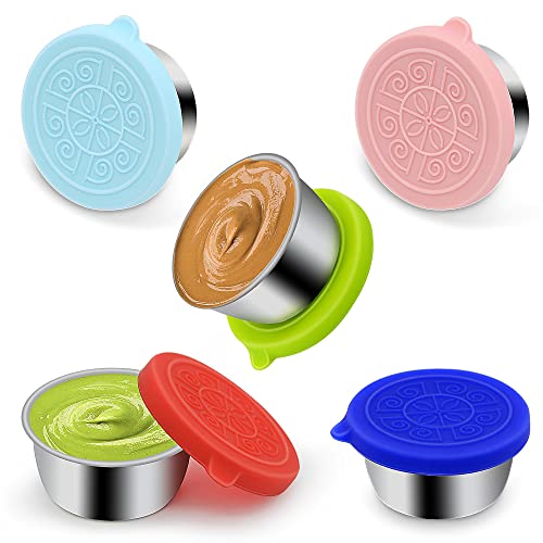 Salatdressing Behälter, 5x50ml Kleine Edelstahl Gewürzbehälter mit Silikon Deckel, Auslaufsichere Dip Behälter, Wiederverwendbare Mini Saucenbehälter Dip Sauce Becher, Snack Box Lebensmittelbehälter Cover