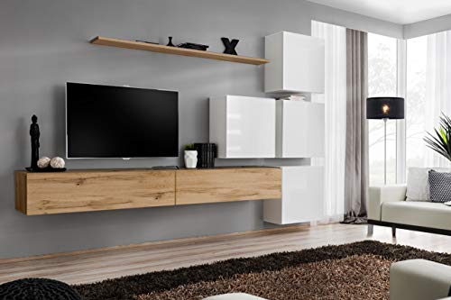 Preisvergleich Produktbild all4all Wohnwand Hochglanz Anbauwand Schrankwand Fernsehwand Wohnzimmerset Lowboard Kleine Wohnwand Fernsehschrank TV Lowboard Glasvitrine Weiß Schwarz Grau Wotan SW 9 (Wotan - Weiß - Madlen)