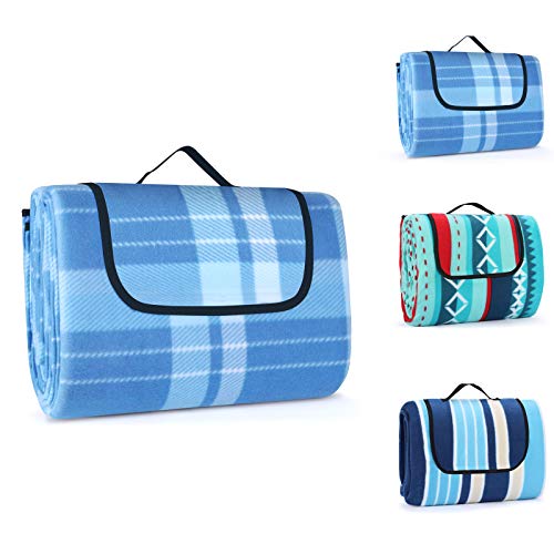 Rayisin 200 x 200 cm Picknickdecke Stranddecke, Campingdecke wasserdichte Picknick Matte sanddichte wärmeisoliert mit Tragegriff, Decke für Camping, Picknick, Reise (Himmelblau Gitter) Cover