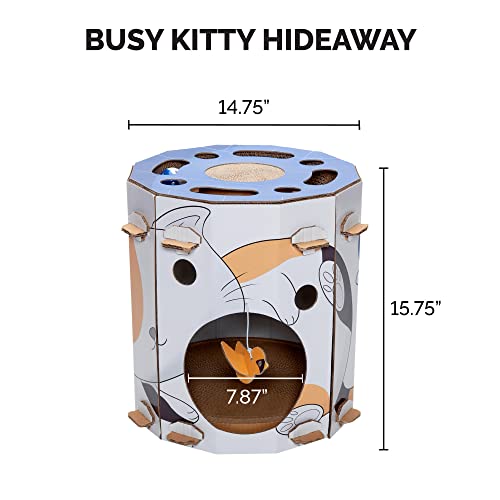 Image of Furhaven Pet Furniture for Cats and Kittens - Tiger Tough Busy Kitty Hideaway Cat Scratcher Playhouse with Puzzle Box, Toys, and Catnip, Cat Print, One Size